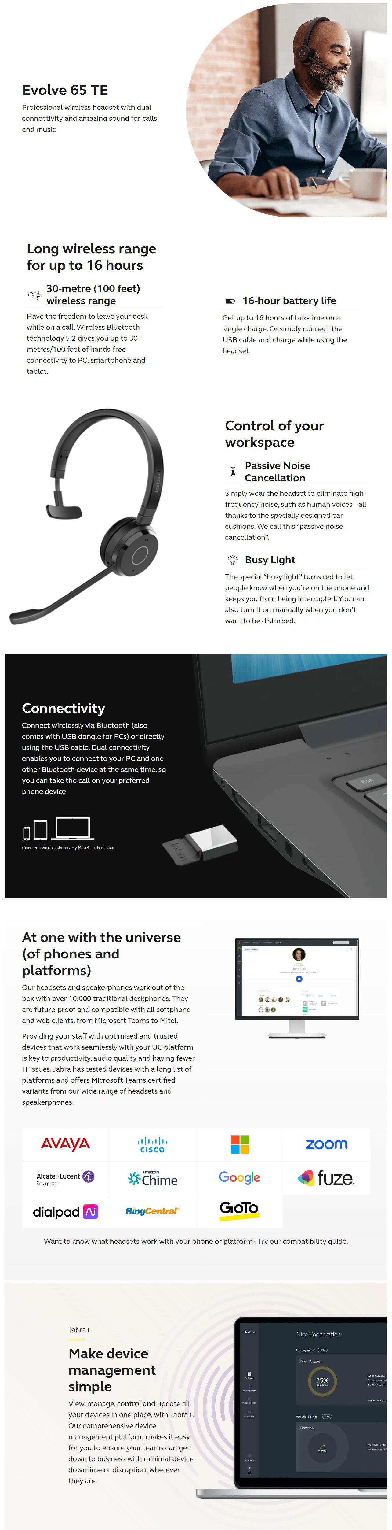 Jabra Evolve 65 TE Mono UC-Certified Wireless Headset with USB-A Adapter product details