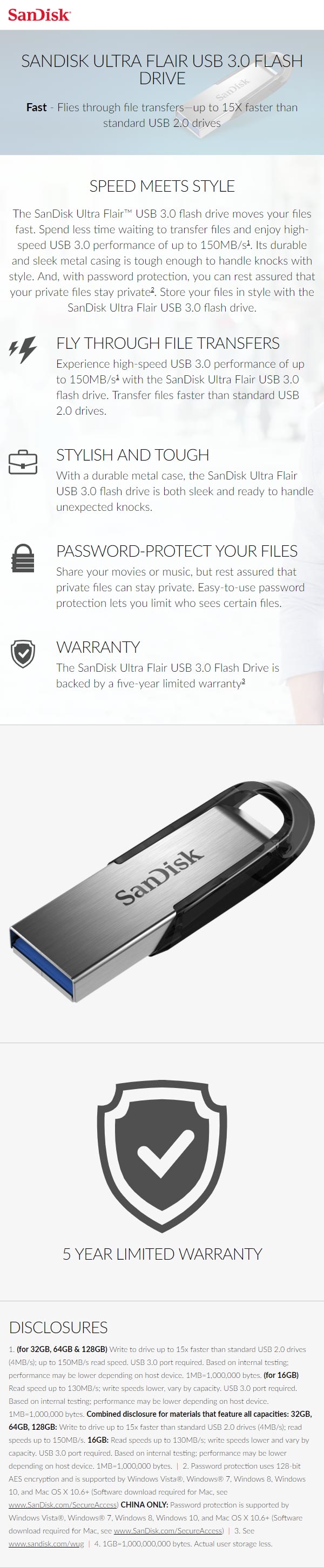 SanDisk Ultra Flair 128GB USB3.0 Flash Drive product details