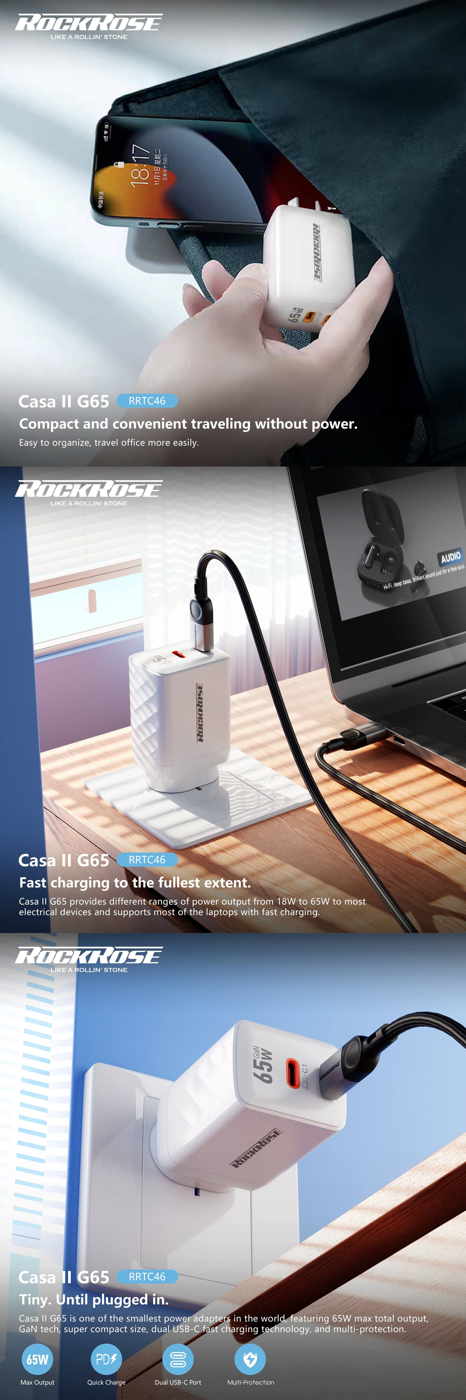 Rockrose Casa II G65 65W Dual USB-C Port GaN Power Adapter product details