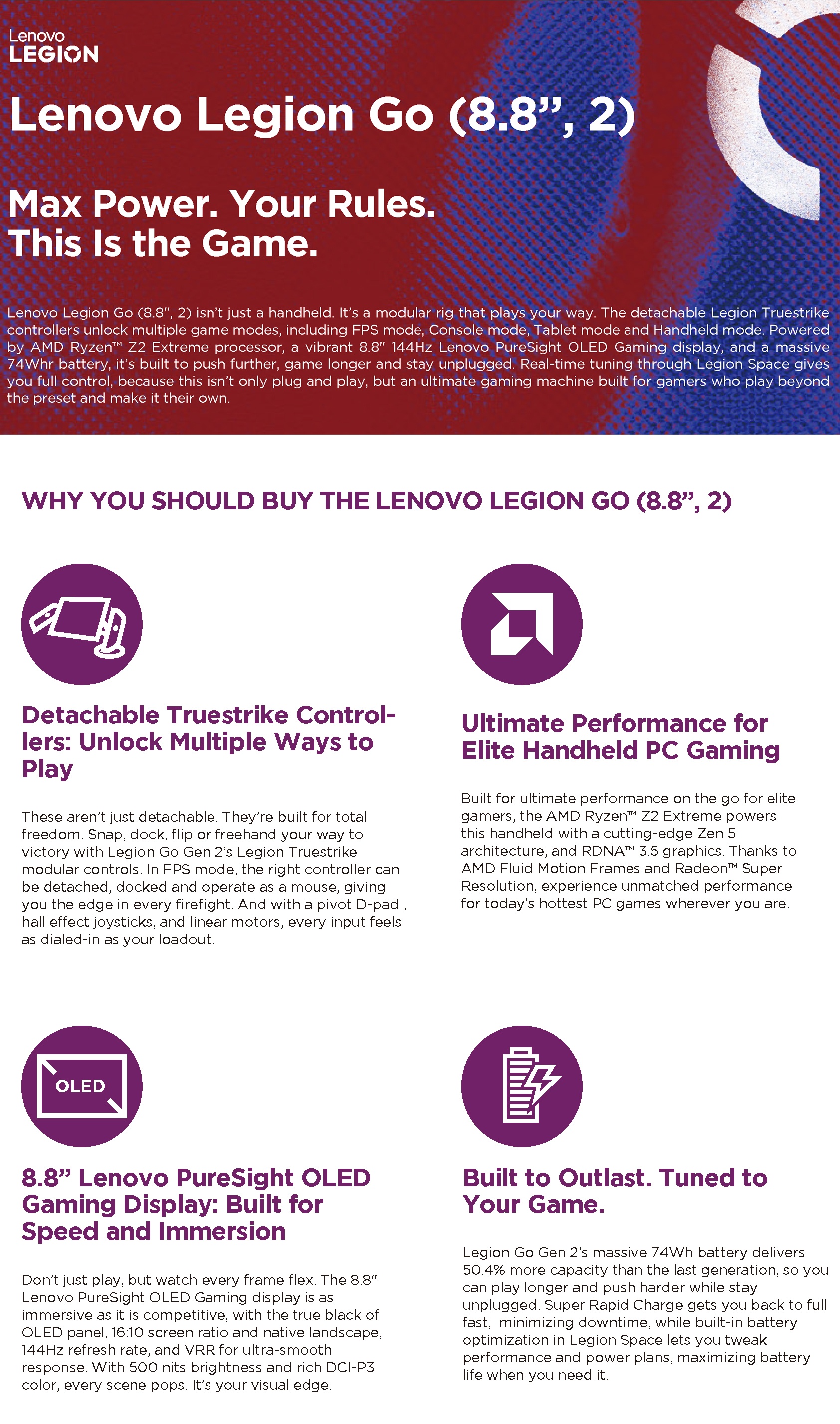 Lenovo Legion Go 2 8ASP2 8.8" WUXGA OLED Ryzen Z2 Extreme 32GB RAM 1TB Gaming Handheld PC - Eclipse Black product details