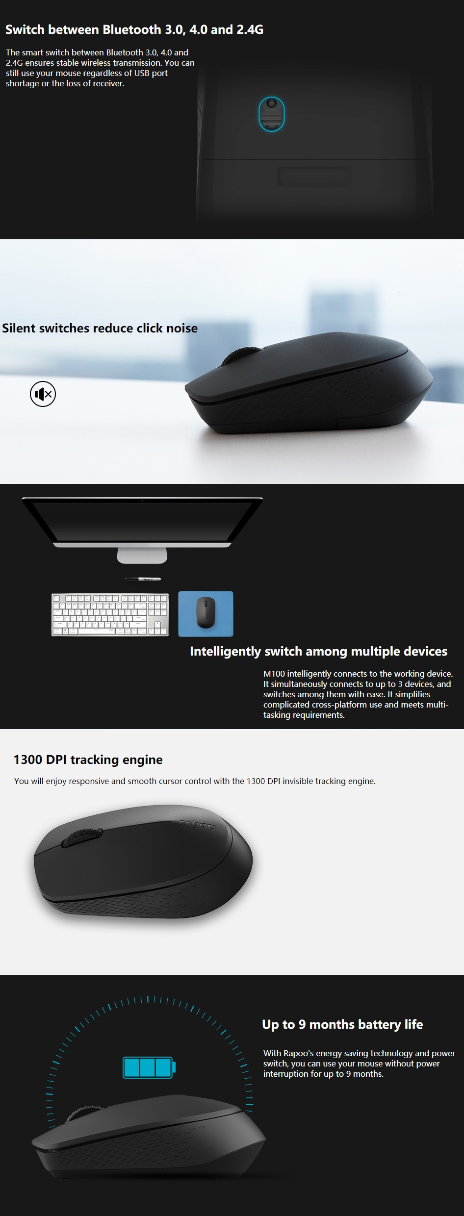 Rapoo M100 Quiet Ergonomic Wireless Mouse - Blue product details