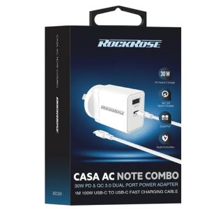 Rockrose Casa AC Note Combo 30W PD & QC 3.0 Dual Port Power Adapter With 1M PD 100W USB-C to USB-C Fast Charging Cable
