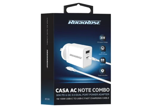 Rockrose Casa AC Note Combo 30W PD & QC 3.0 Dual Port Power Adapter With 1M PD 100W USB-C to USB-C Fast Charging Cable
