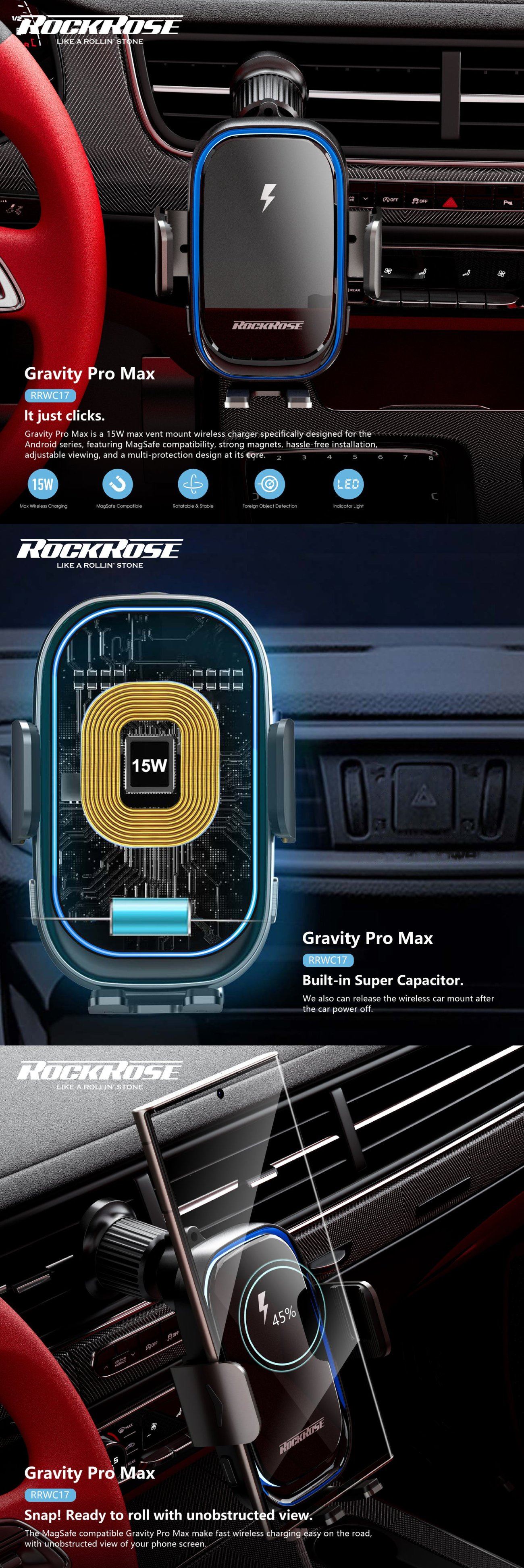 Rockrose Gravity Pro Max 15W Wireless Car Charger with Air Vent Stand For Qi Certified Android Phones product details