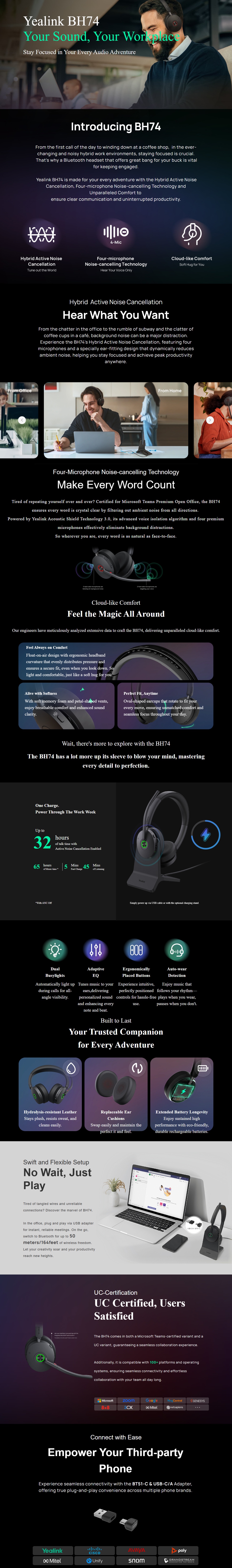 Yealink BH74 Bluetooth Stereo MS-Certified Wireless Headset with Stand and USB C/A Dongle product details