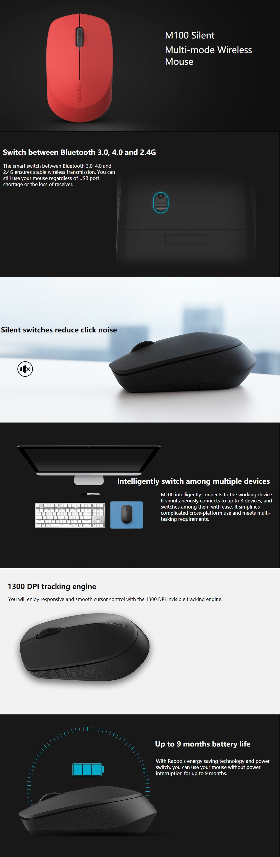 Rapoo M100 Multi-mode Bluetooth/Wireless Quiet Click Mouse - Red product details