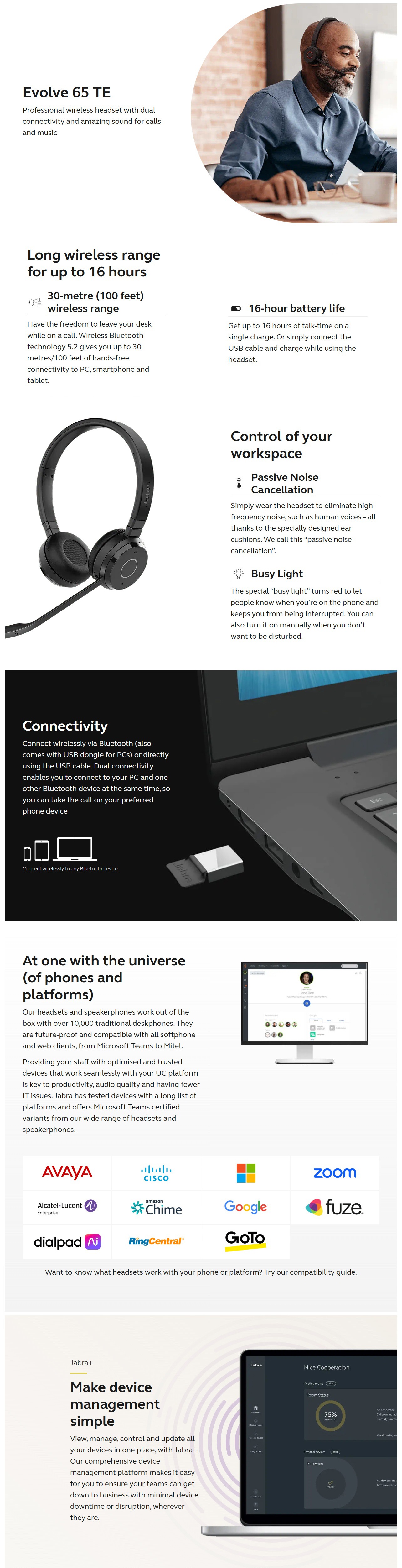 Jabra Evolve 65 TE Wireless UC-Certified Stereo USB-A Headset product details