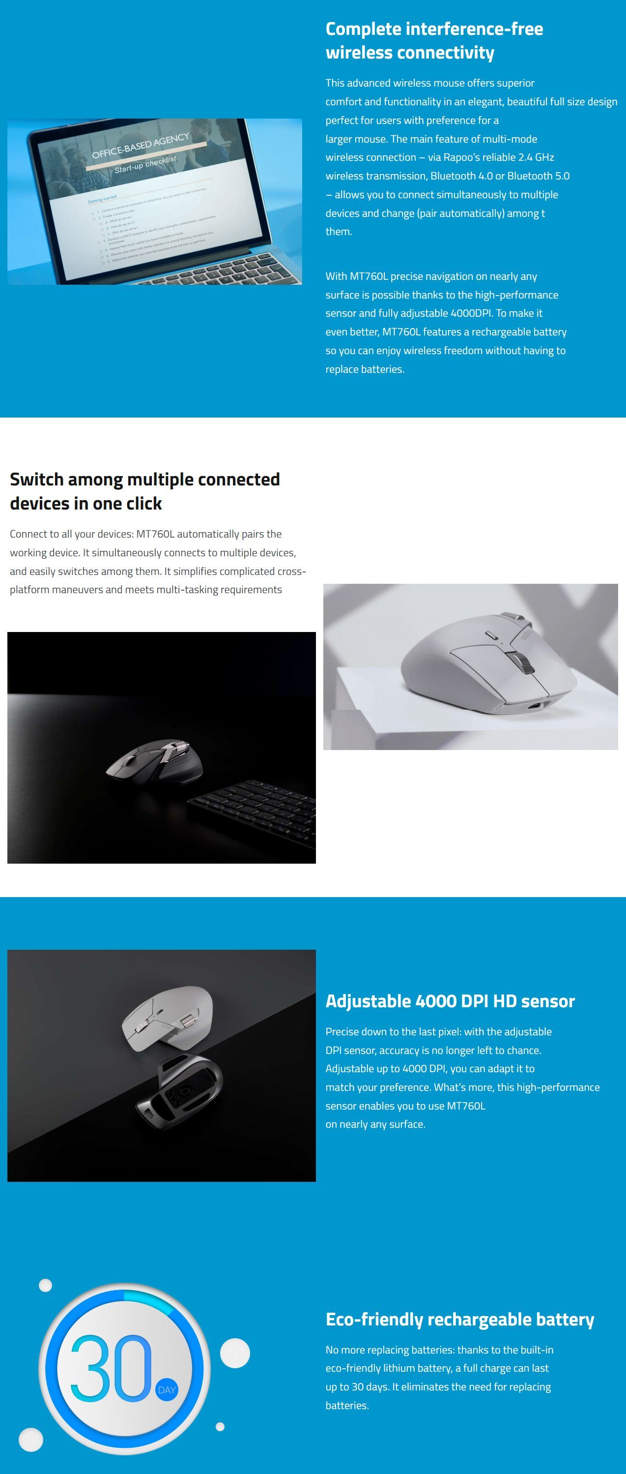 Rapoo MT760L Multi-mode Wireless Optical Mouse - Black product details