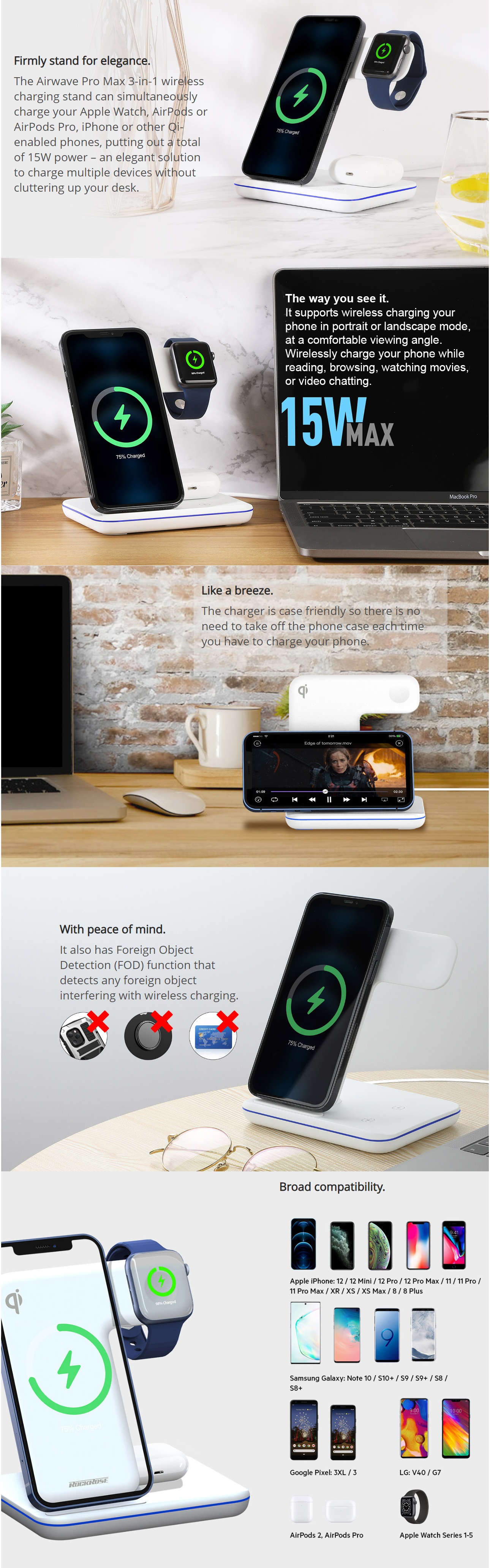 Rockrose Airwave Pro Max 3-In-1 15W Max Wireless Charging Stand product details