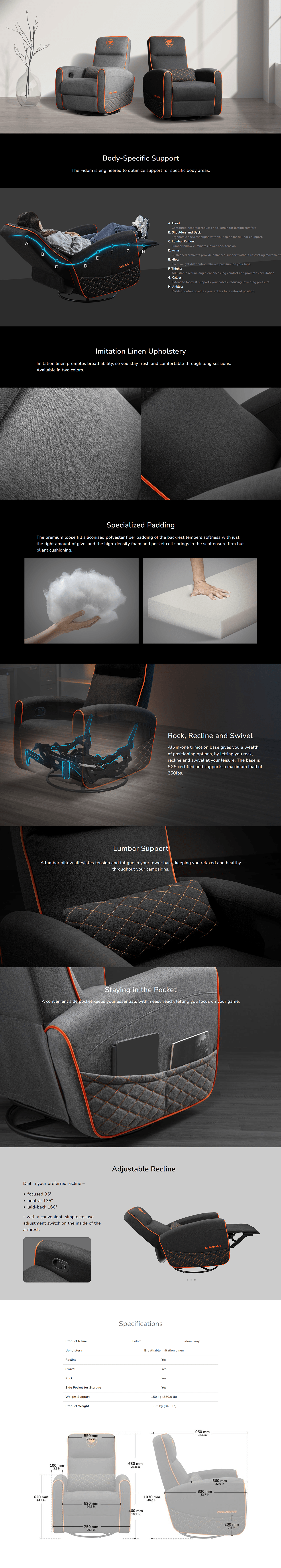 Cougar Fidom Breathable Imitation Linen Gaming Sofa - Grey/Orange product details