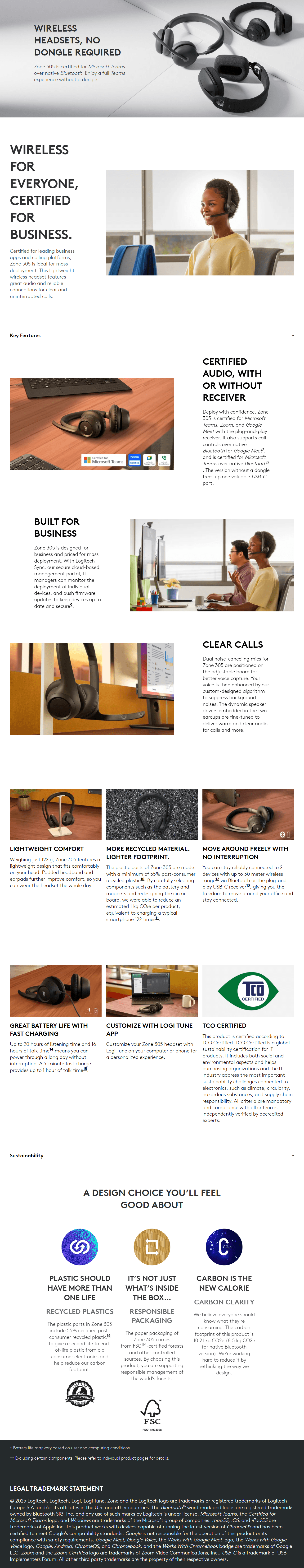 Logitech Zone 305 Stereo  MS-Certified Wireless Bluetooth/USB-C Headset - Graphite product details