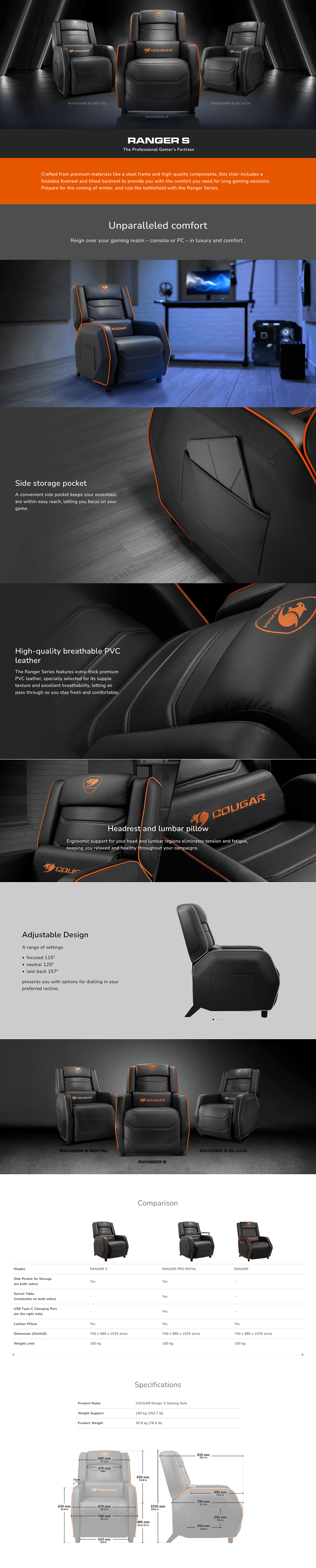 Cougar Ranger S High-quality PVC Leather Gaming Sofa - Black/Gold product details