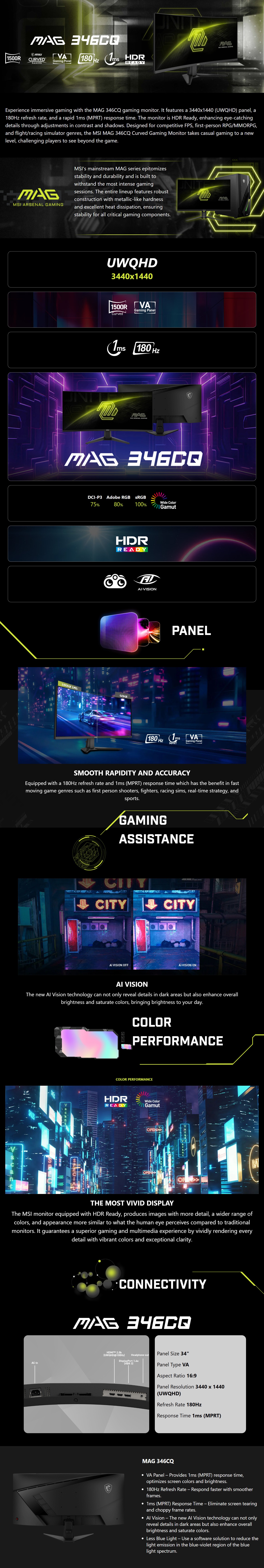 MSI MAG 346CQ  34" UWQHD VA 180Hz AdaptiveSync Curved Gaming Monitor product details
