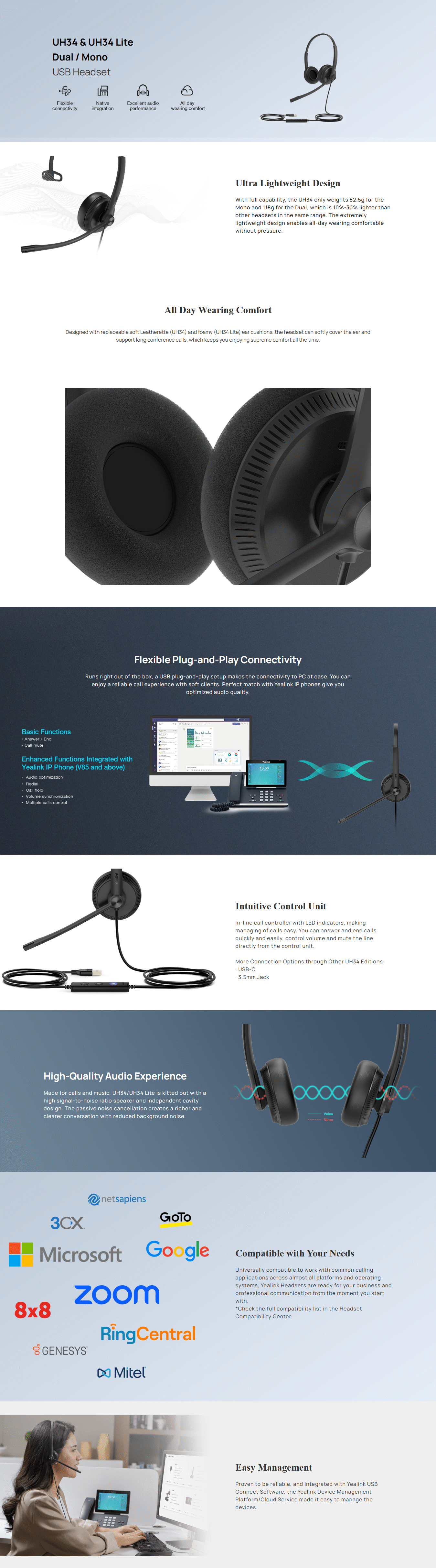 Yealink UH34 Lite Dual UC Noise Cancelling USB-A Wired Headset product details