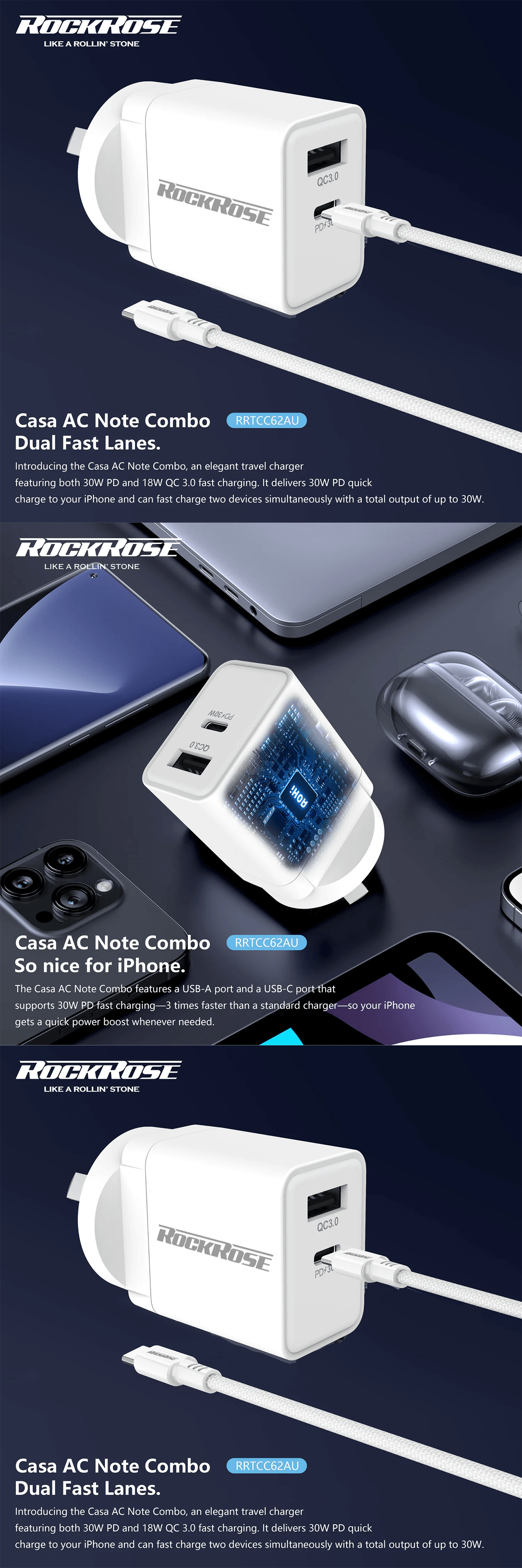 Rockrose Casa AC Note Combo 30W PD & QC 3.0 Dual Port Power Adapter With 1M PD 100W USB-C to USB-C Fast Charging Cable product details