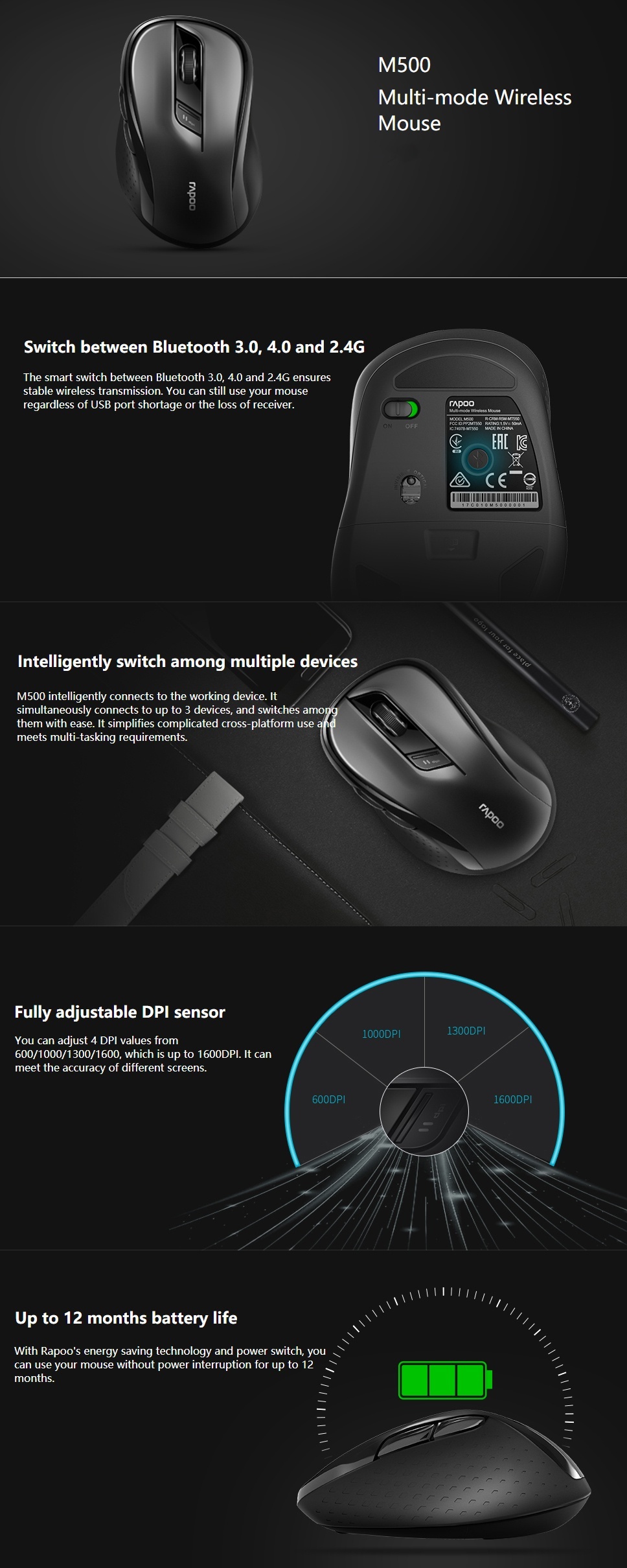 Rapoo M500 Multi-Mode Silent Bluetooth 2.4Ghz Wireless Mouse product details
