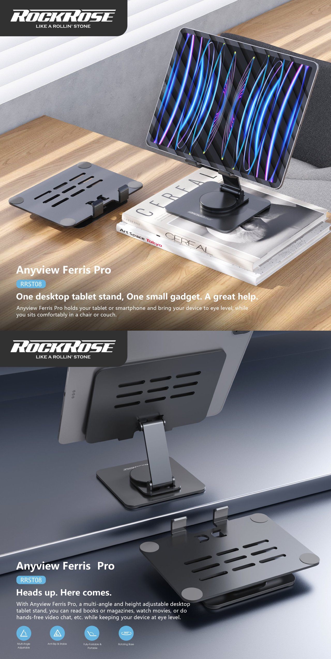 Rockrose Anyview Ferris Pro 360°Rotatable & Foldable Desktop Tablet Stand product details