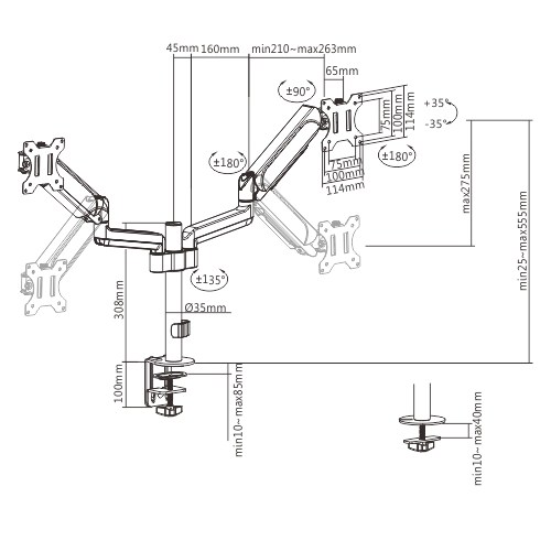 Brateck Dual Monitor Pole-Mounted Gas Spring Monitor Arm Fit Most 17"-32" Monitors Up to 9kg per screen product details