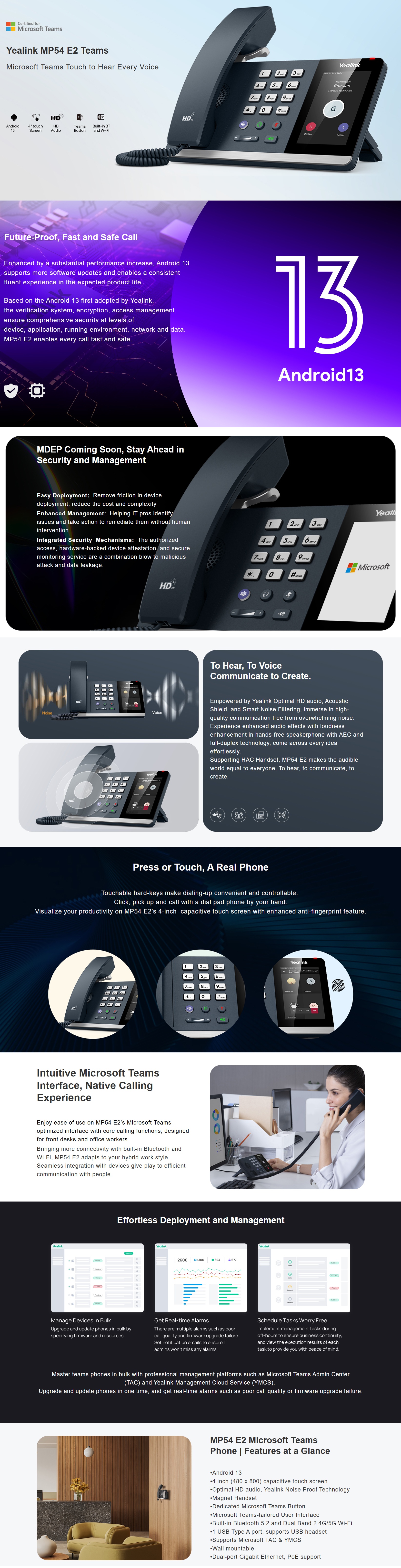 Yealink MP54 E2 4" Touch Screen Android 13 Microsoft Teams Desktop Phone With Handset product details