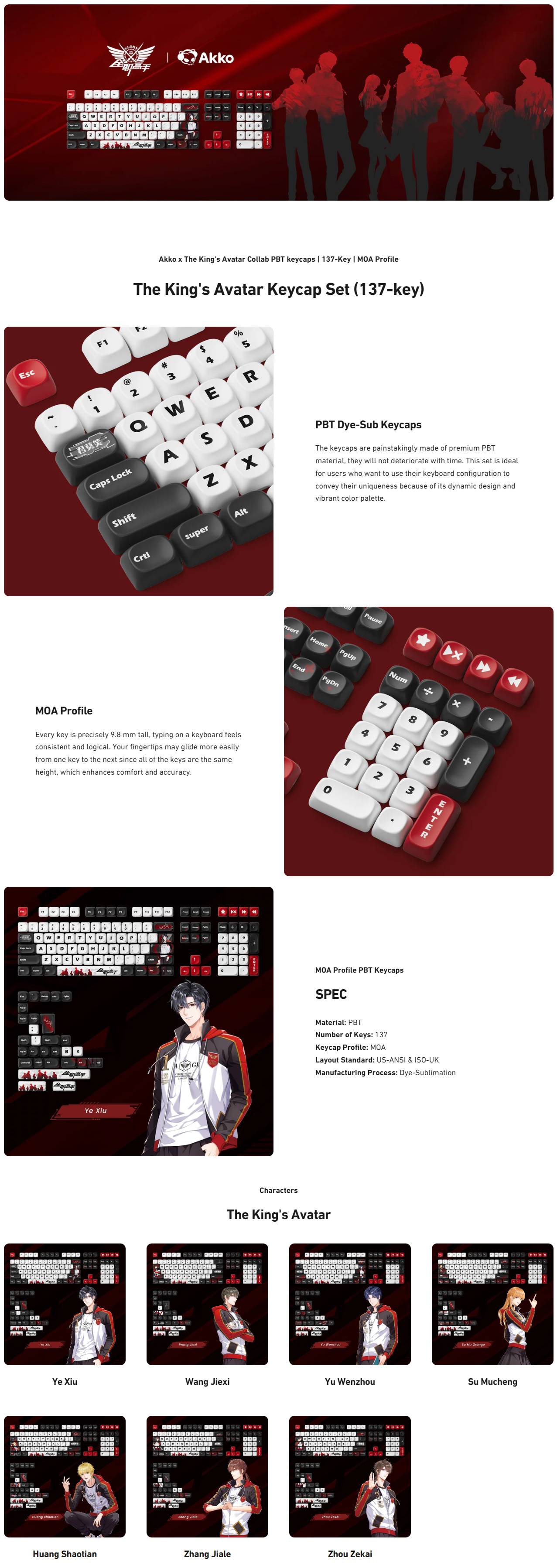 Akko The King's Avatar Keycap Set - Ye Xiu (137-key) product details