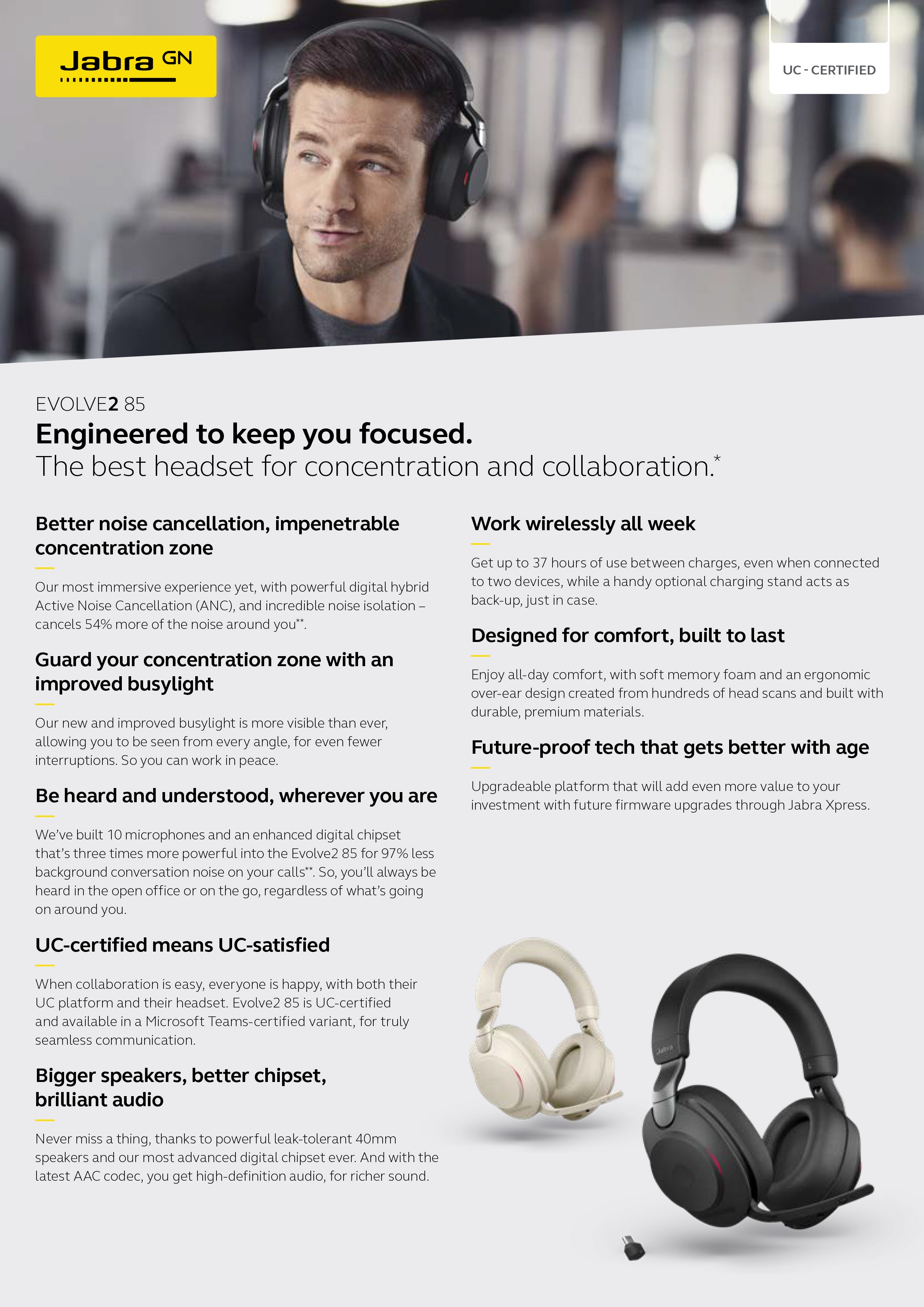 Jabra Evolve2 85 Stereo MS-Certified Bluetooth Headset with USB-A Adapter product details