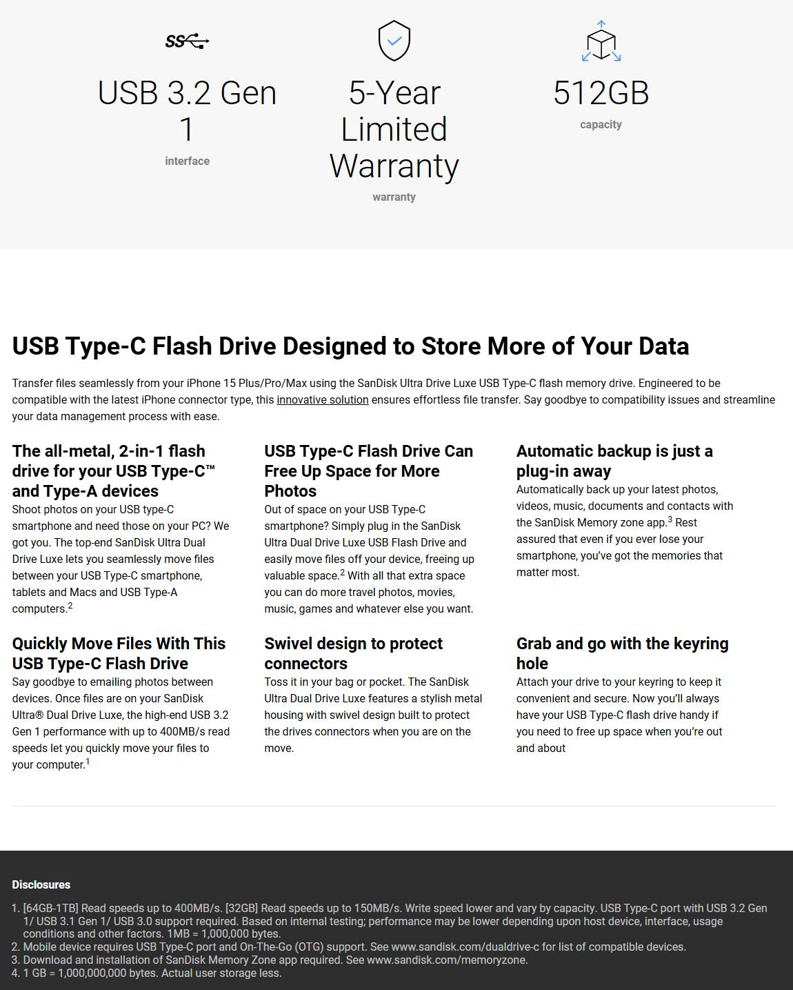SanDisk Ultra Dual Drive Luxe 512GB USB Type-C Flash Drive - Silver product details