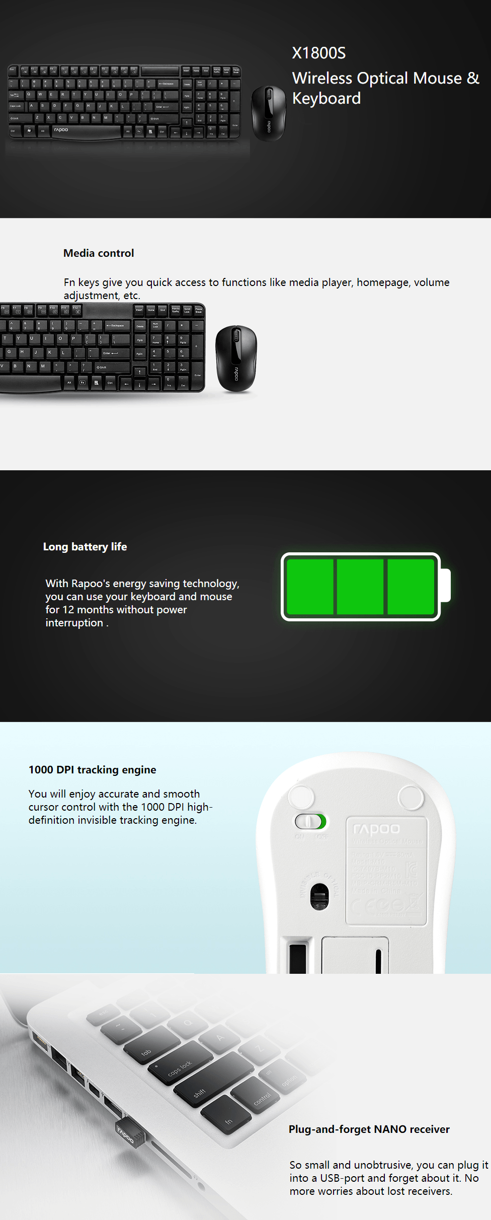 Rapoo X1800S Wireless Keyboard and Mouse Combo - Black product details