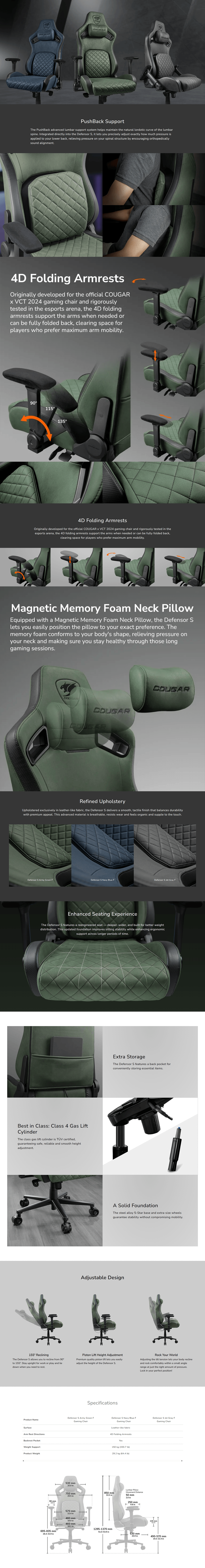 Cougar Defensor S High-density Molding Foam 4D Armrest Leather-like Fabric Chair - Army Green F product details
