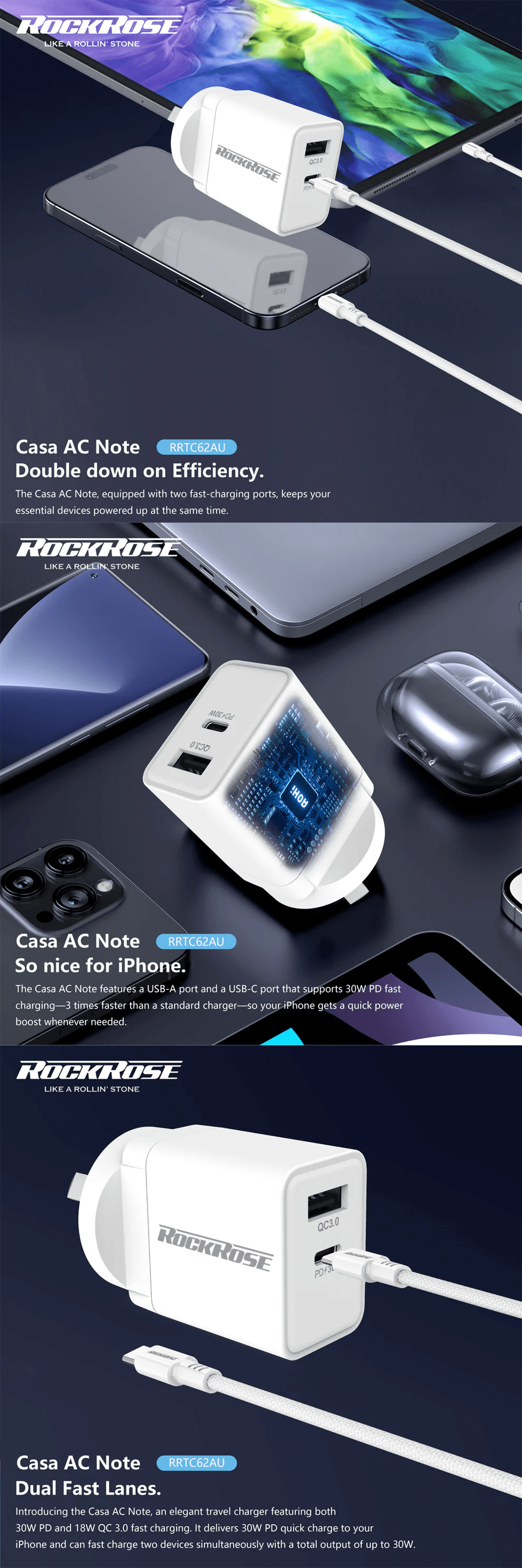 Rockrose Casa AC Note 30W PD & QC 3.0 Dual Port Power Adapter product details