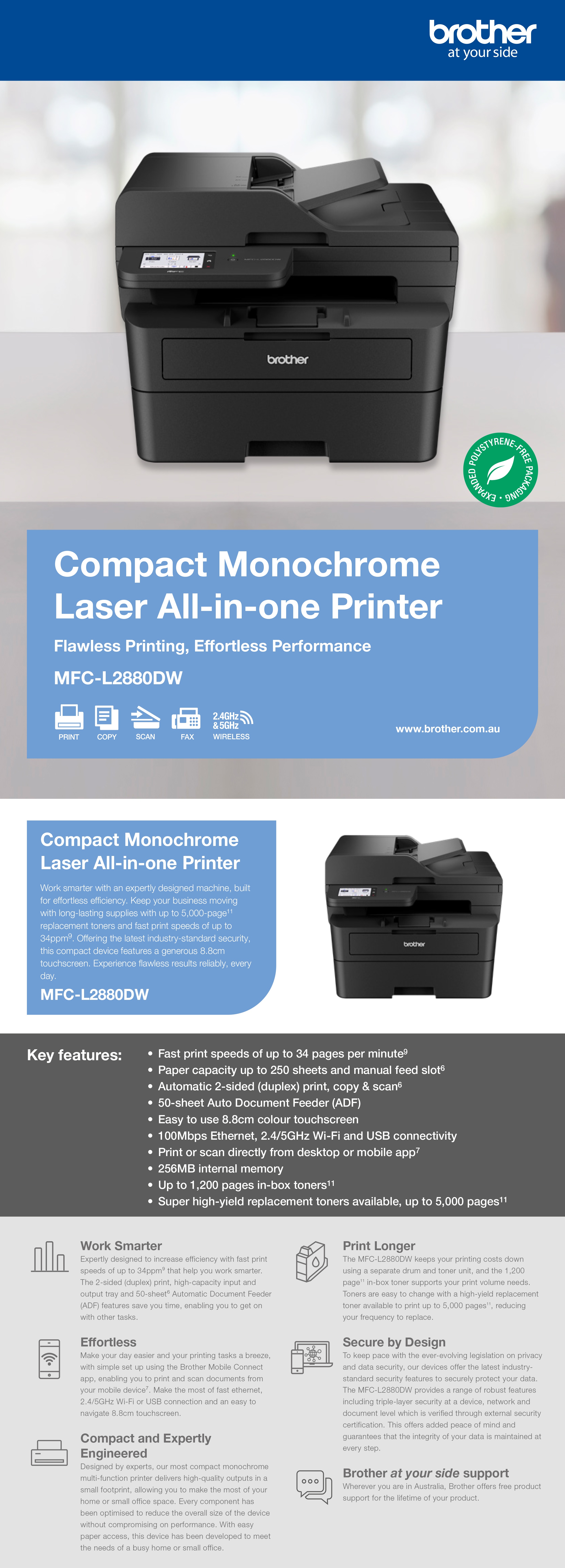 Brother MFC-L2880DW A4 Mono Laser Multifunction Printer product details