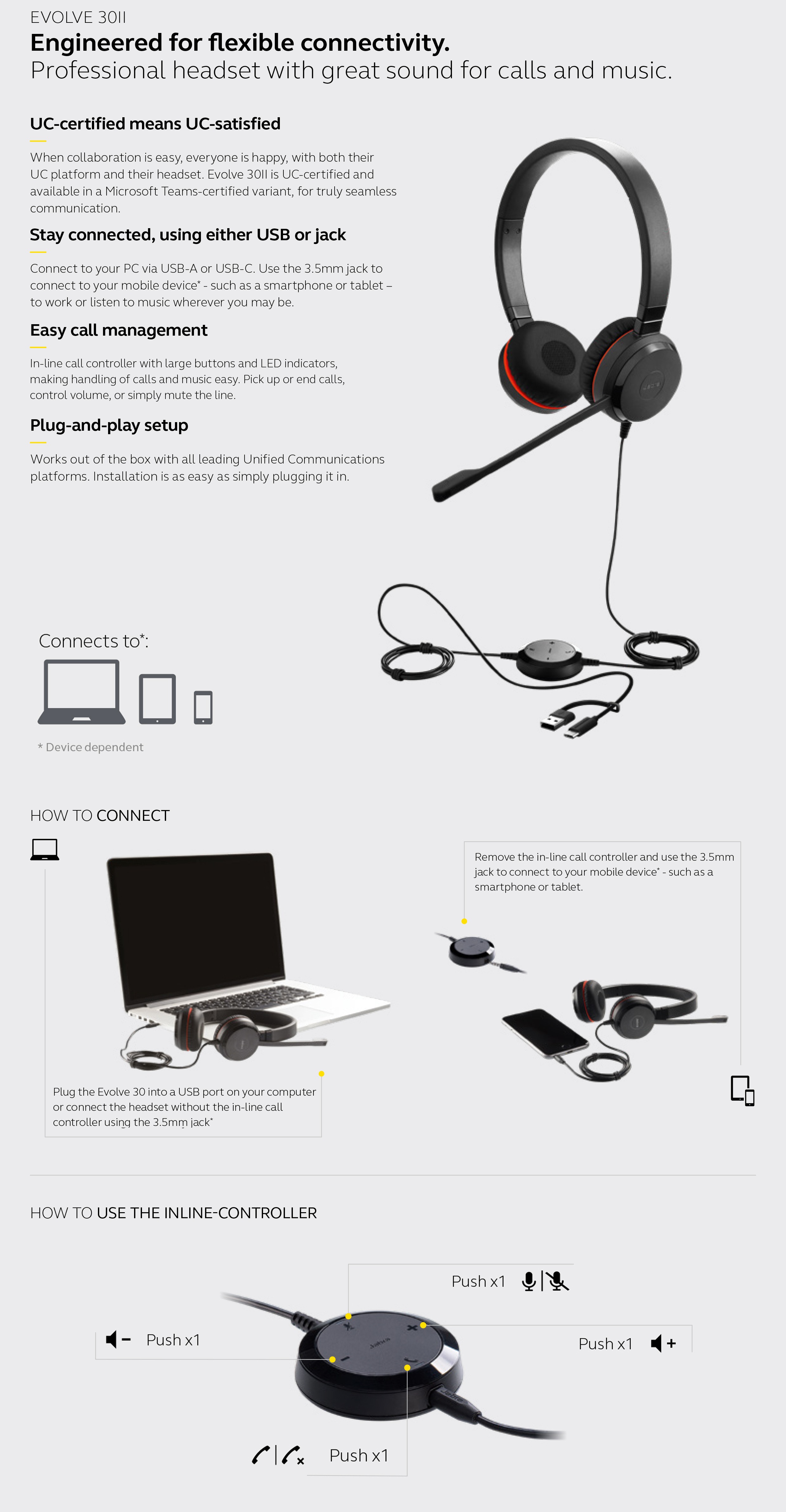 Jabra Evolve 30 ll Stereo MS-Certified Headset 3.5mm with USB-C/A Adapter product details