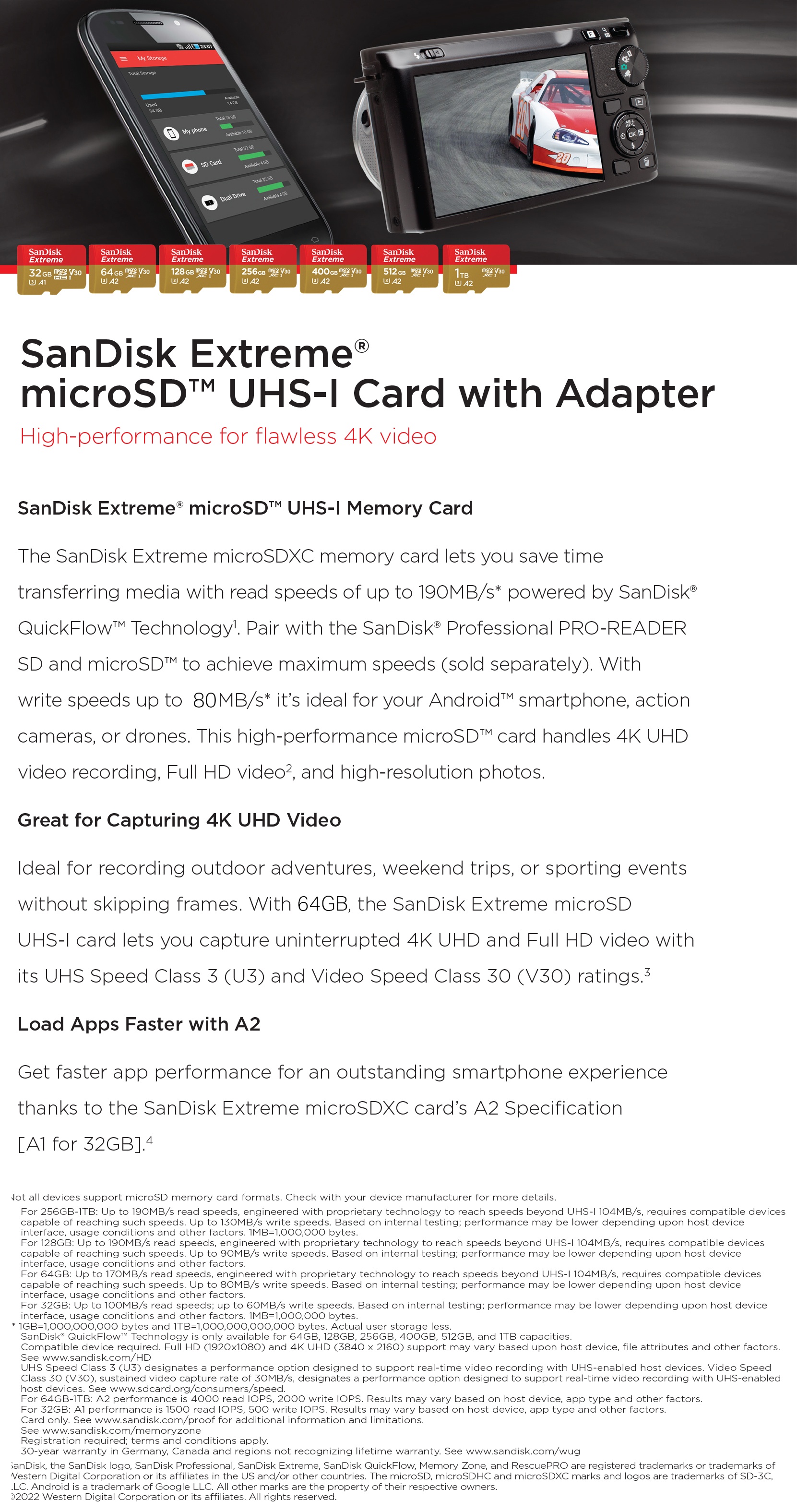 SanDisk Extreme 64GB C10 U3 V30 A2 microSDXC Card with Adapater product details