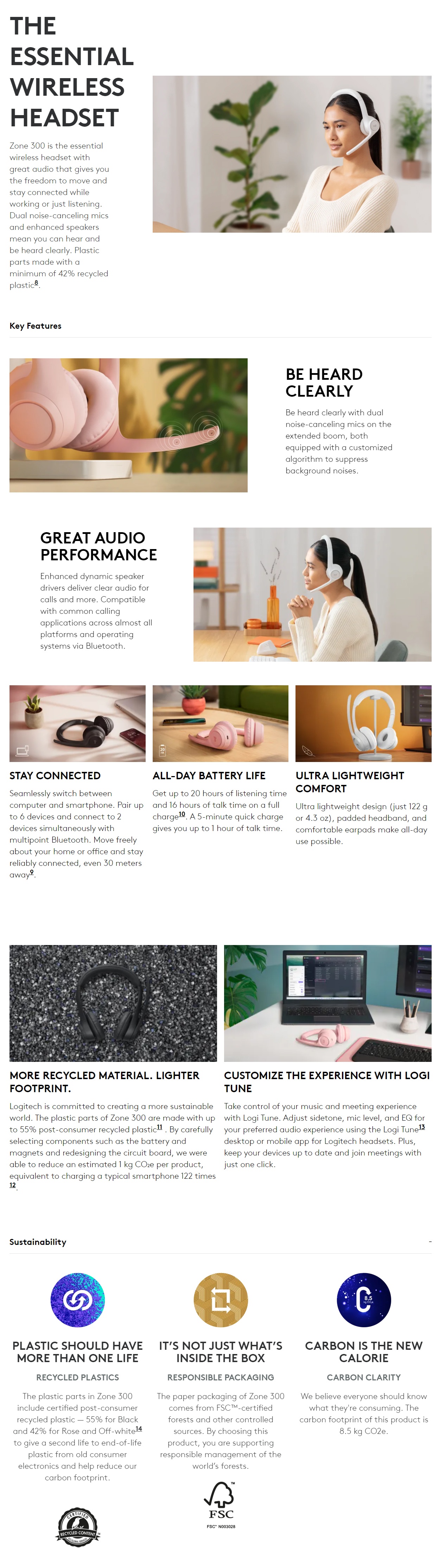 Logitech ZONE 300 ANC Wireless Headset - Rose product details