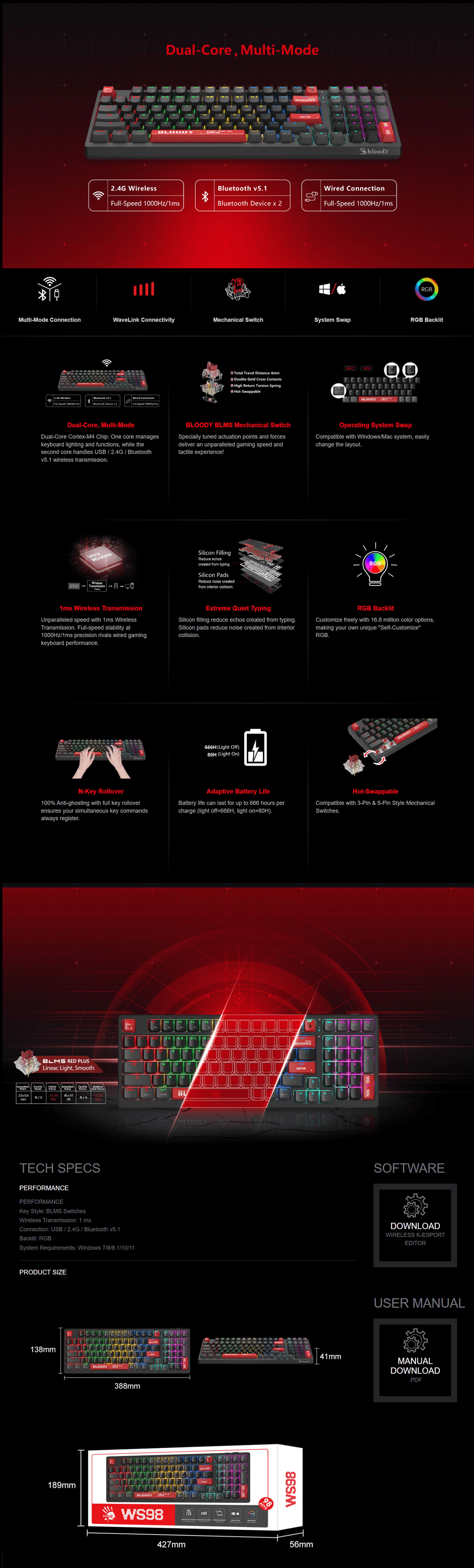 Bloody WS98 Dual Core Wireless Mechanical Keyboard - Black and Red product details