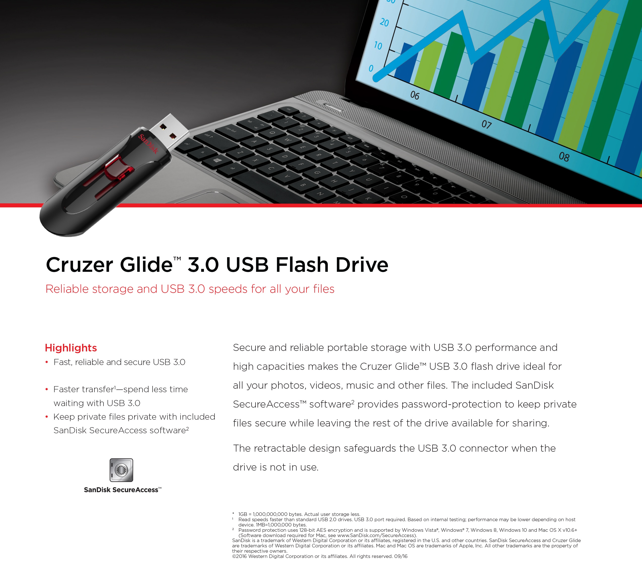 Sandisk Cruzer Glide USB 3.0 256GB Flash Drive - Black product details