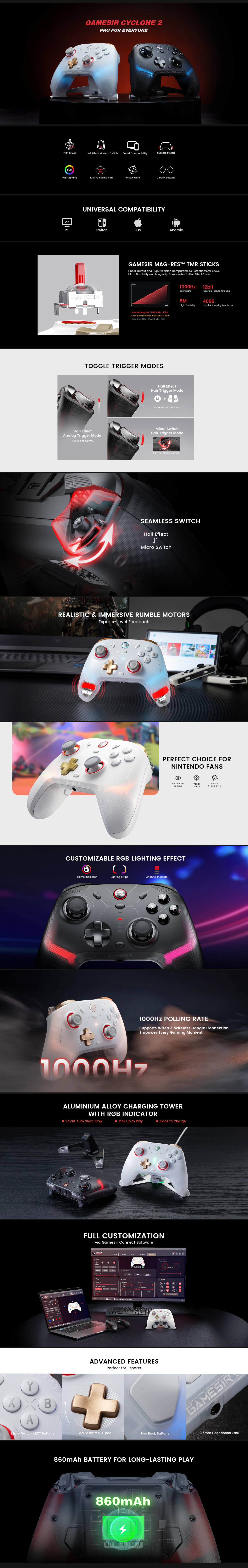 GameSir Cyclone 2 Multiplatform Controller - Phantom White with Charging Station product details