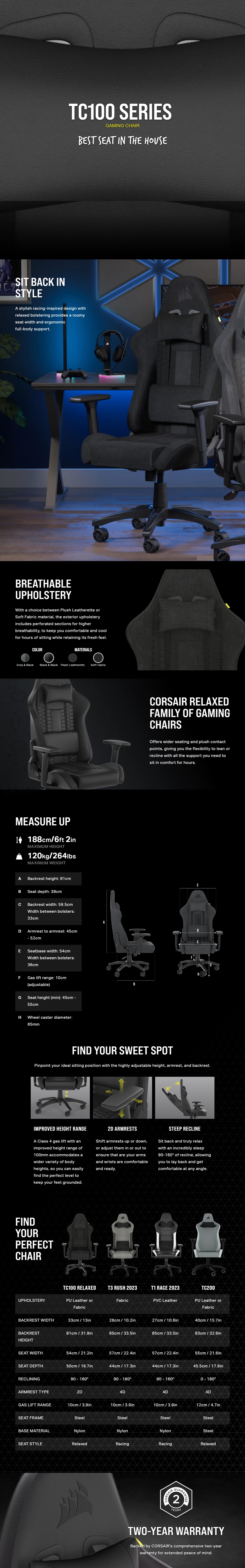 Corsair TC100 RELAXED Gaming Chair - Fabric Black/Black product details