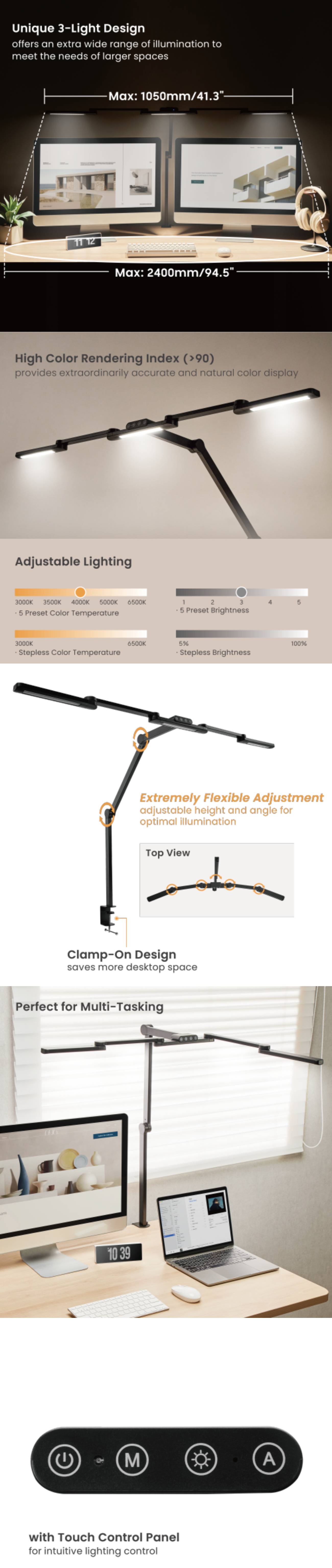 Brateck LDL20-3 Clamp-On LED Long Desk Lamp product details
