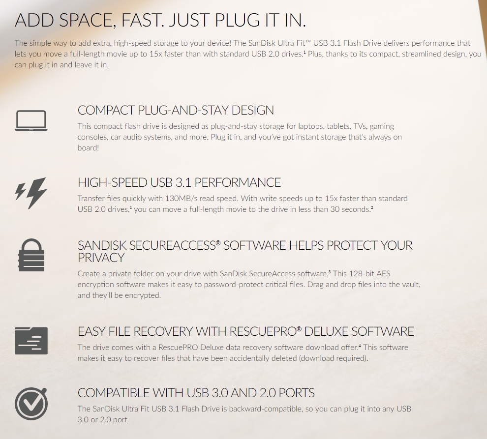 Sandisk Ultra Fit 128GB USB3.1 Flash Drive product details