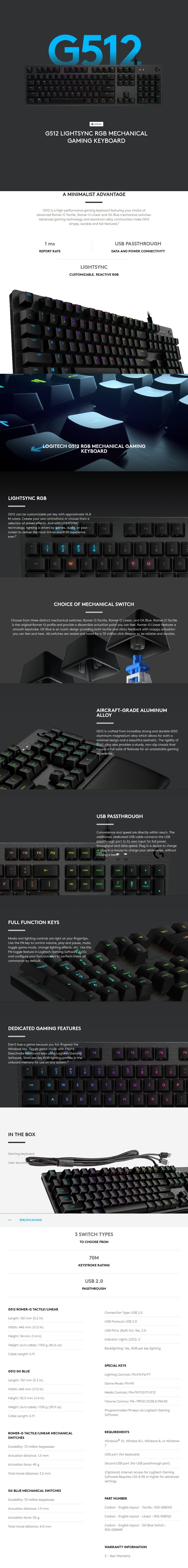 Logitech G512 Carbon RGB GX Blue Switch Mechanical Gaming Keyboard product details
