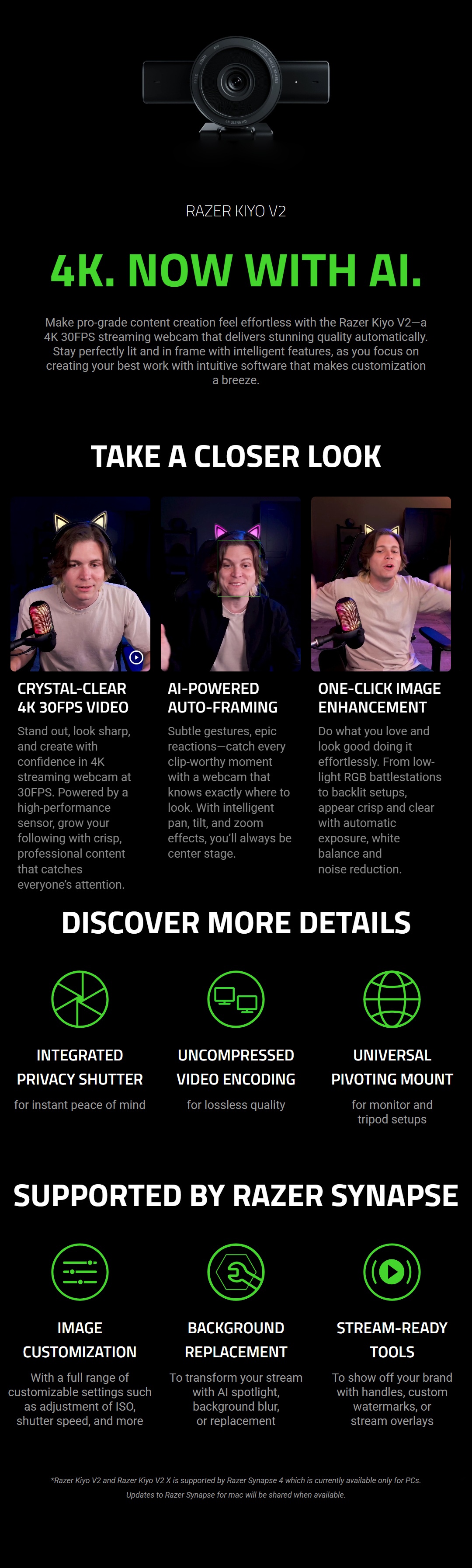 Razer Kiyo V2 4K 30FPS Streaming Webcam - Quartz product details
