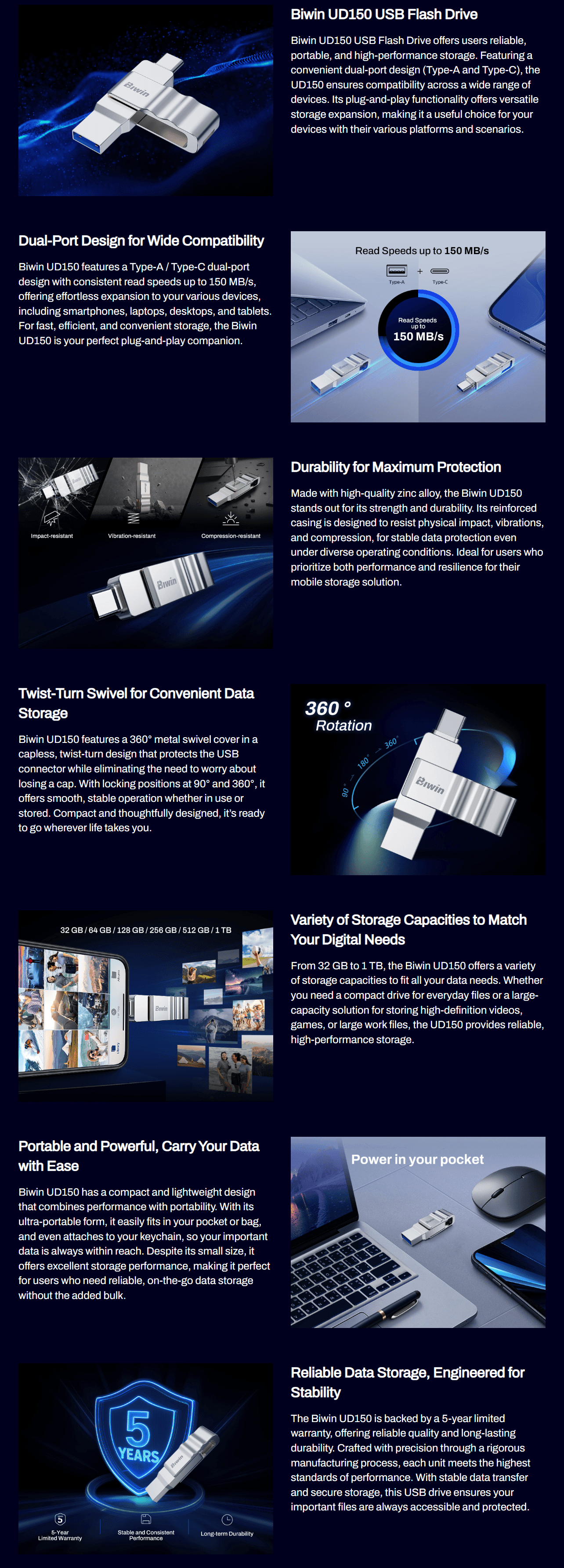 Biwin UD150 32GB Dual-Port USB Flash Drive product details