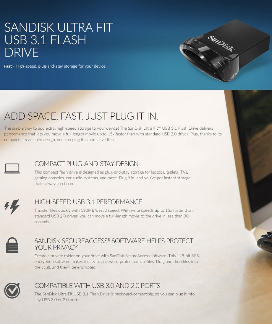 SanDisk Ultra Fit 256GB USB 3.1 Flash Drive product details