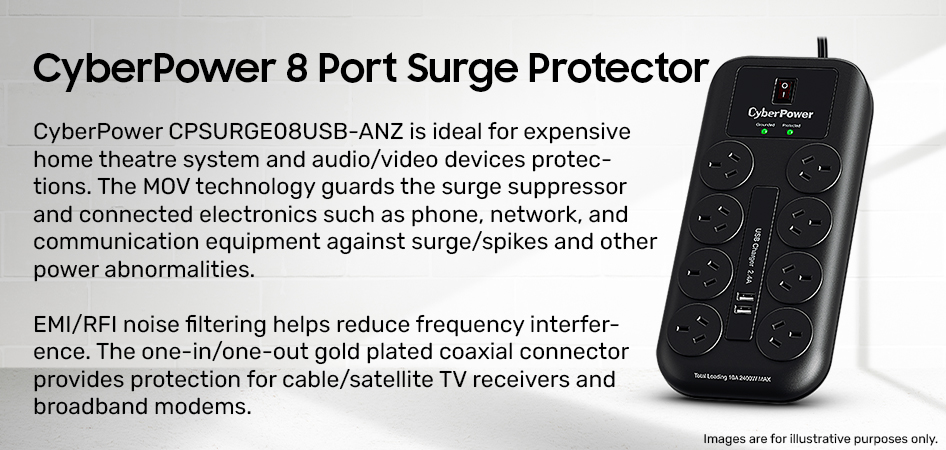CyberPower 8-Port Surge Protector With 2 X USB Charging Ports product details