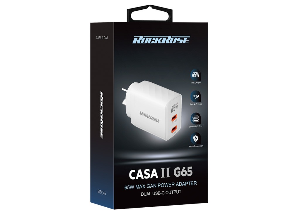 Rockrose Casa II G65 65W Dual USB-C Port GaN Power Adapter