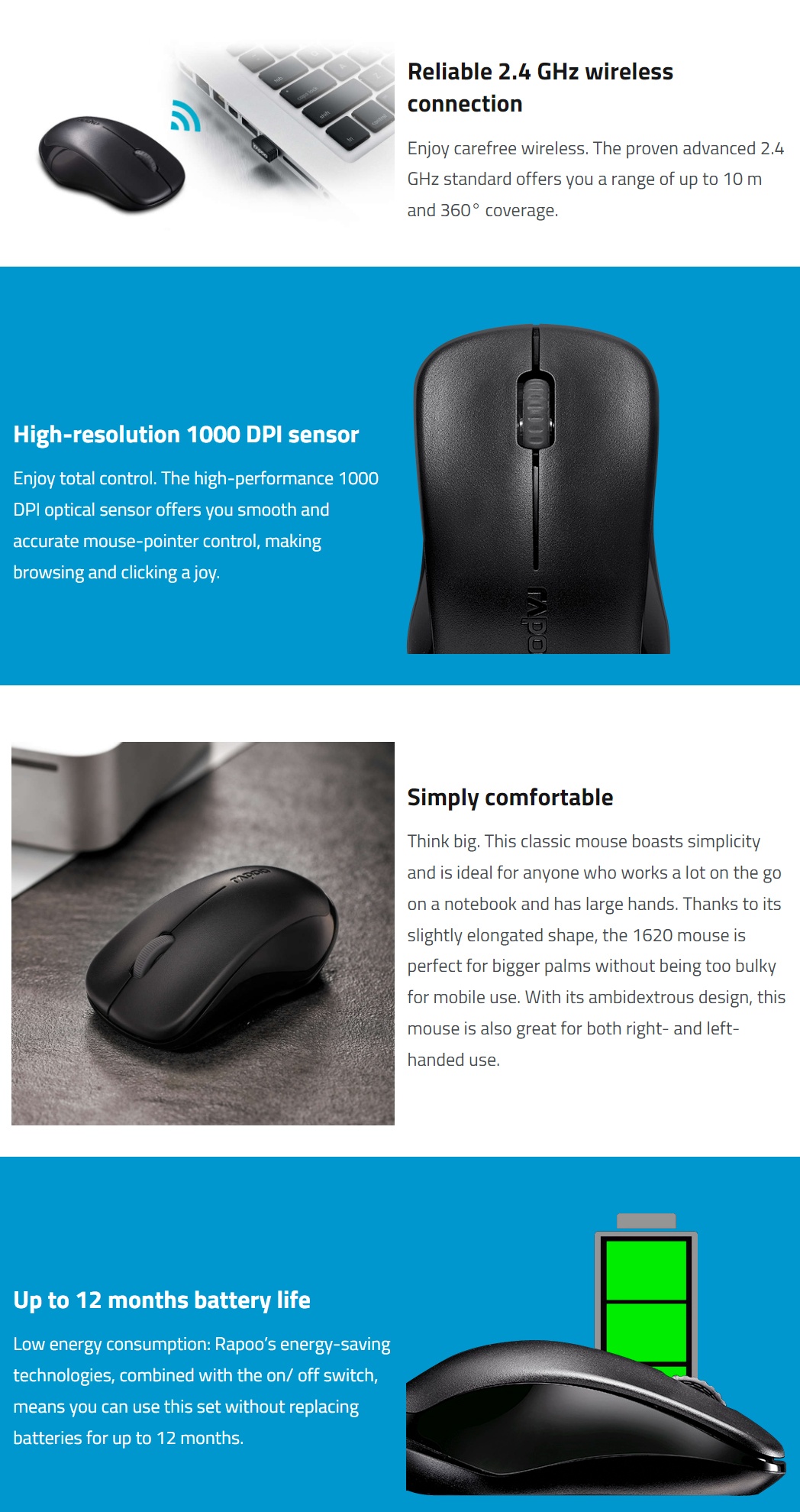 Rapoo 1620 Wireless Optical Mouse - Black product details