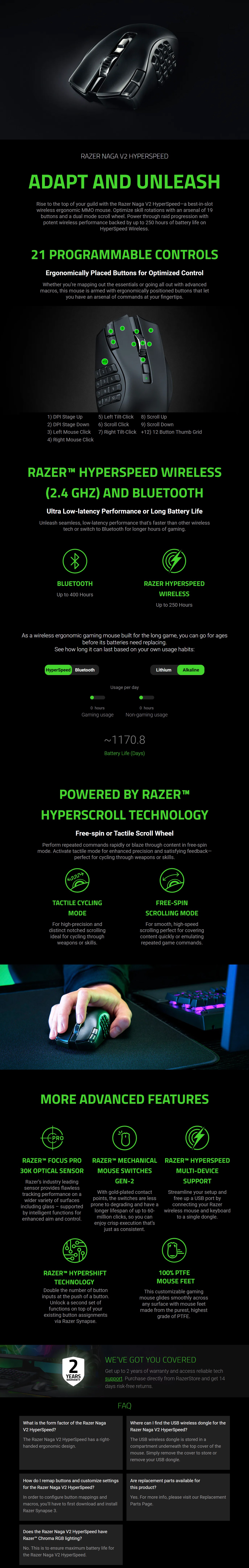 Razer Naga V2 HyperSpeed Ergonomic Wireless MMO Gaming Mouse product details