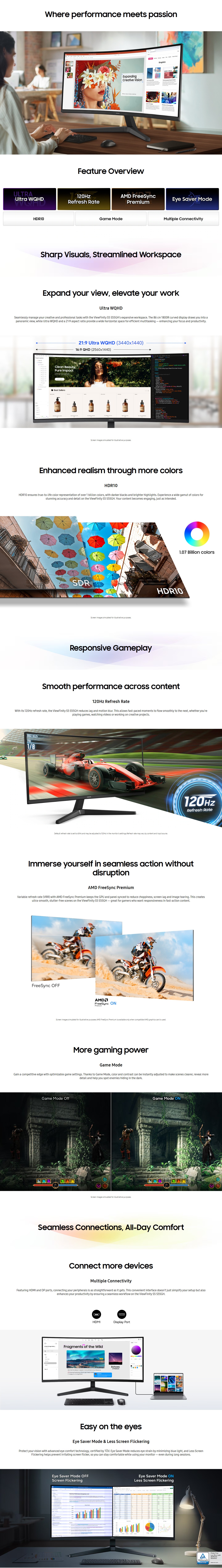 Samsung ViewFinity S5 S55GH 34" UWQHD VA 120Hz 5ms Curved Monitor product details