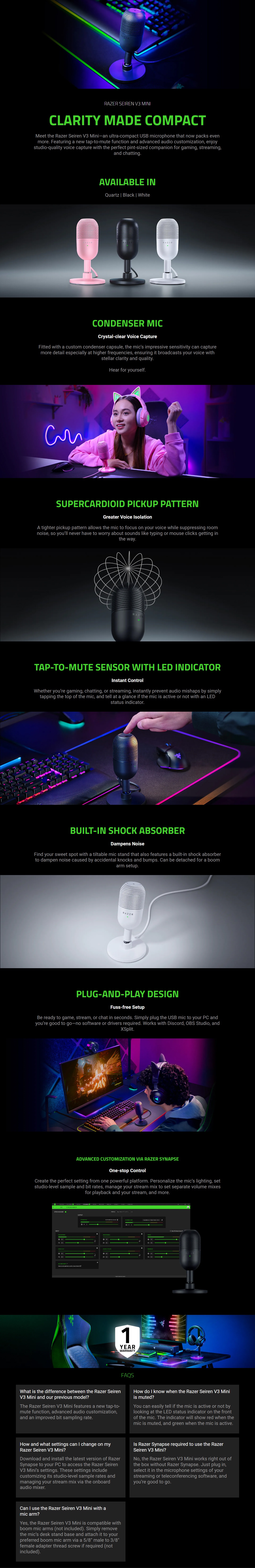 Razer Seiren V3 Mini Ultra-Compact USB Microphone with Tap-to-Mute - Black (FRML Packaging) product details