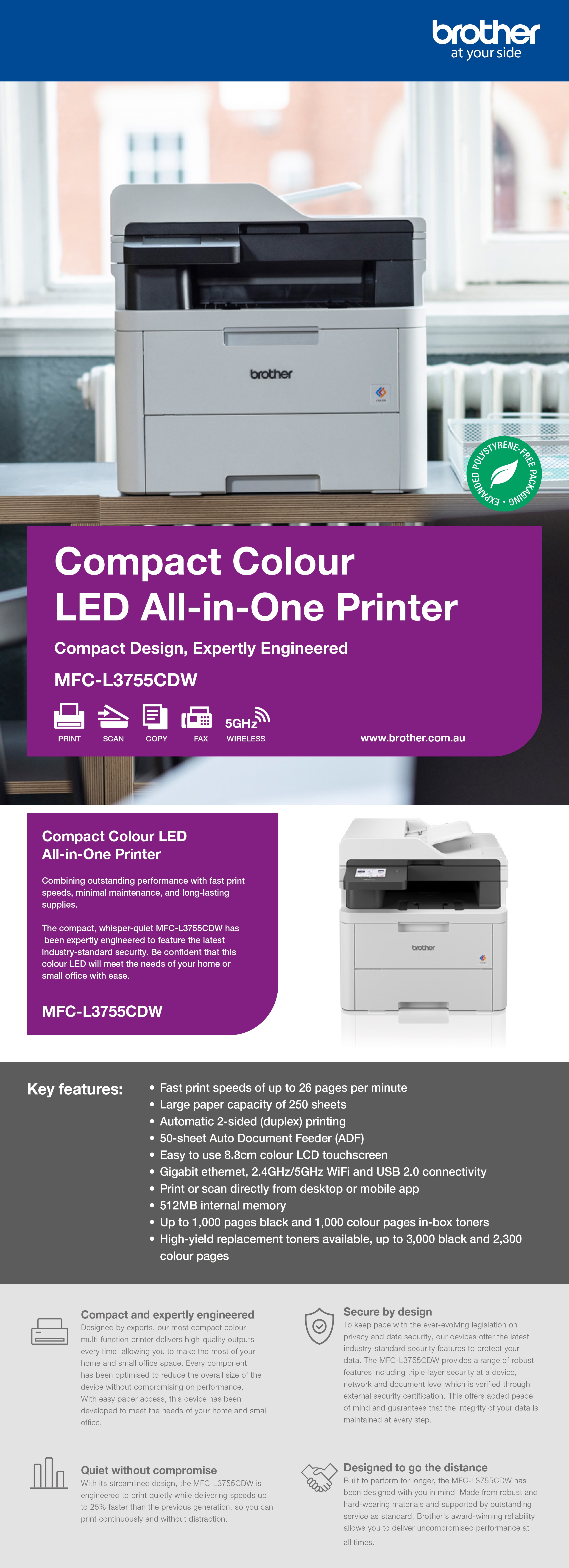 Brother MFC-L3755CDW Colour Laser LED Multi-Function Printer product details